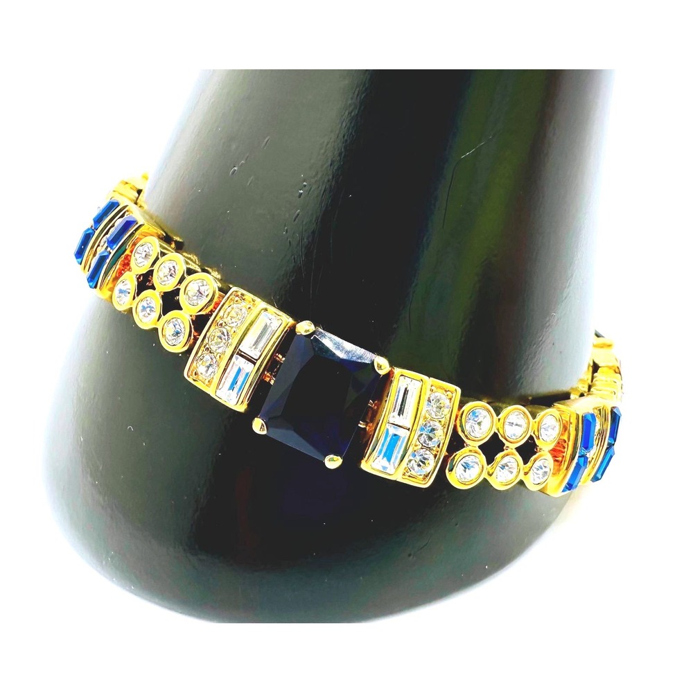 Vintage Gold Tone Blue and Clear Crystal Link Bracelet with Extender 7.25-8.5 In
